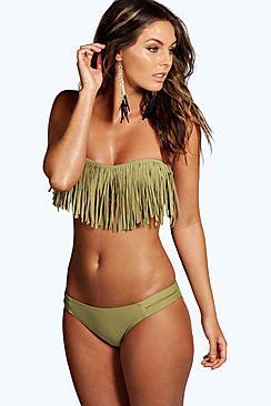 Boohoo Cyprus Khaki Knot Fringe Boho Bandeau Bikini