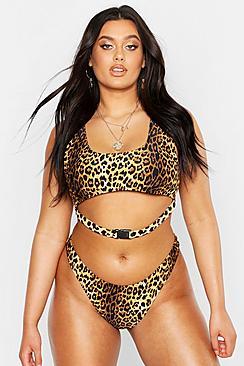 Boohoo Plus Leopard Print Buckle Crop Bikini