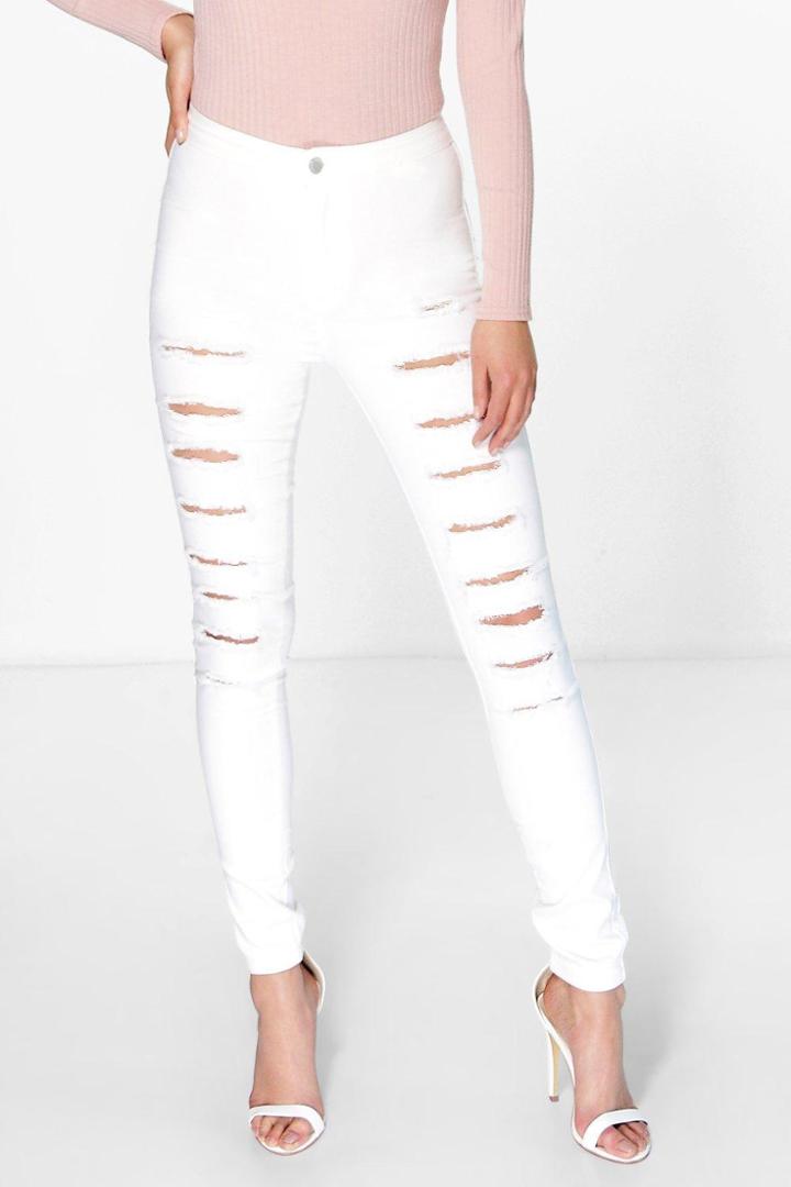 Boohoo Avah High Rise Ultra Rip Skinny Jeans Cream