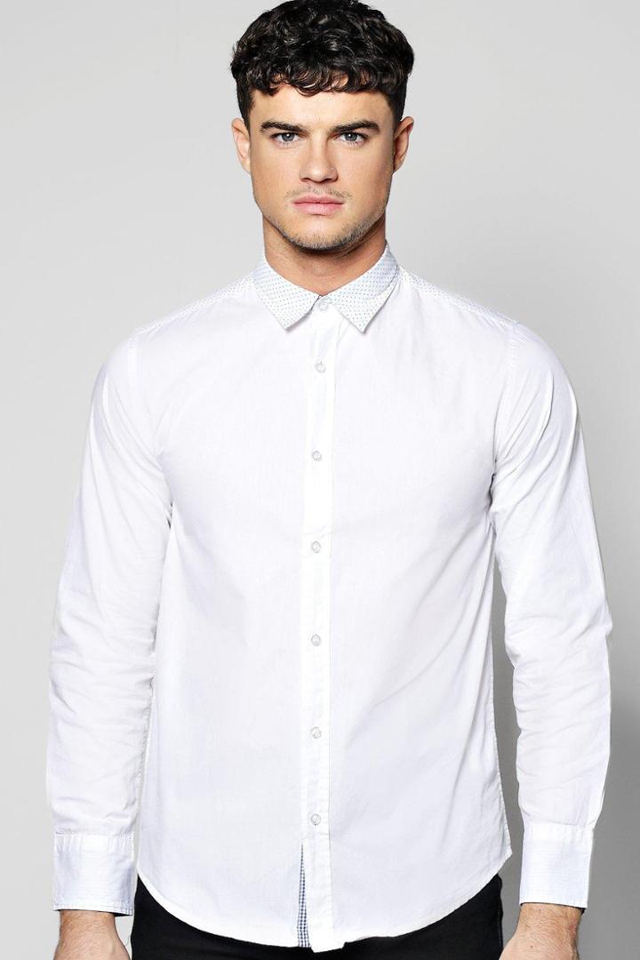 Boohoo Long Sleeve Shirt With Polka Dot Collar White