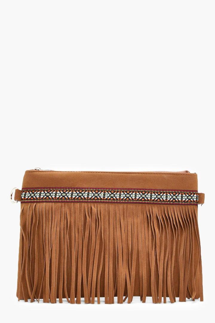 Boohoo Macy Aztec & Fringe Cross Body Bag Tan