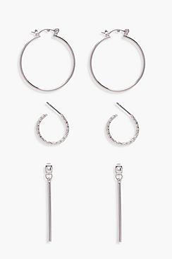 Boohoo Laura Hoop And Bar Drop Earrings 3 Pack