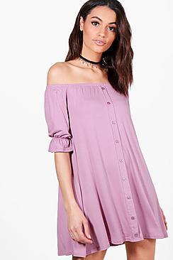Boohoo Off The Shoulder Button Shift Dress