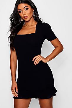 Boohoo Lucy Puff Sleeve Frill Hem Bodycon Dress