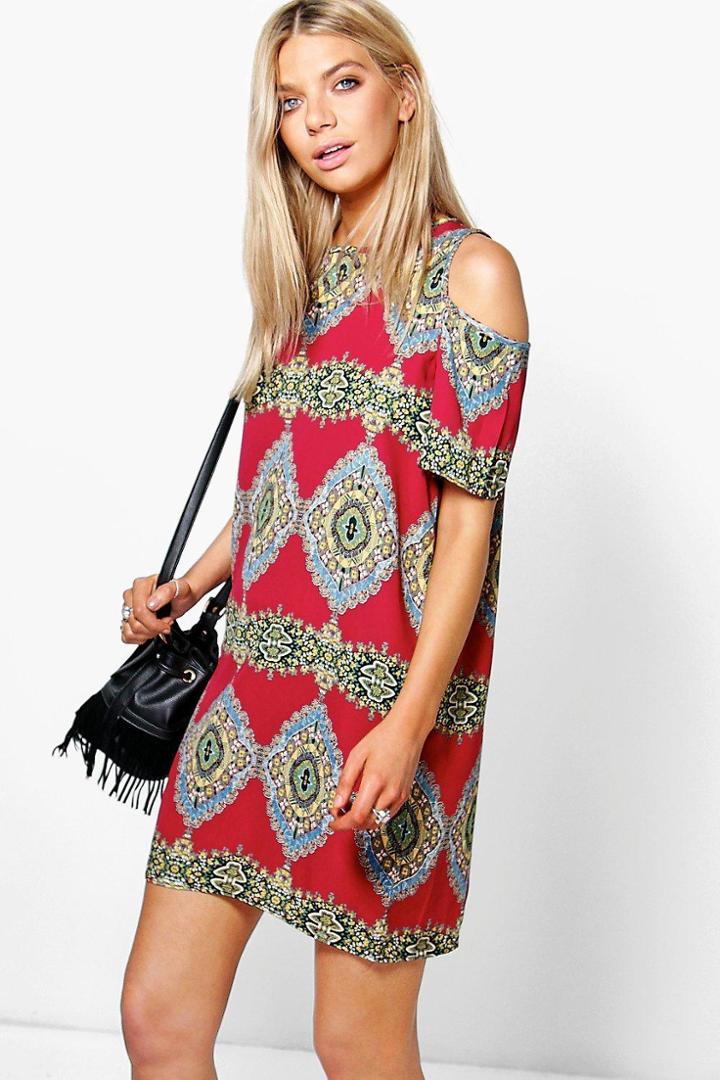 Boohoo Jill Paisley Print Cold Shoulder Shift Dress Burgundy
