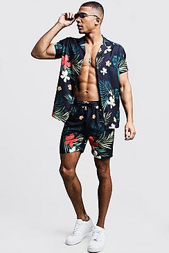 Boohoo Floral Leaf Print Shirt & Short Set