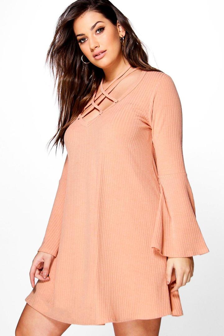 Boohoo Plus Maddie Lace Up Flare Sleeve Rib Swing Dress Sand