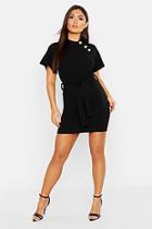 Boohoo High Neck Button Detail Belted Shift Dress