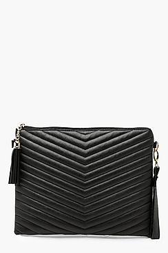 Boohoo Chevron Quilted Pu Ziptop Tassel Clutch