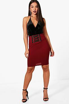 Boohoo Georgia Lace Up Waist Crepe Midi Skirt
