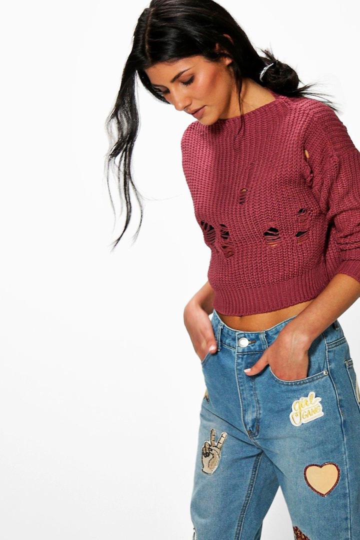 Boohoo Niamh Crop Funnel Neck Distressed Jumper Rose