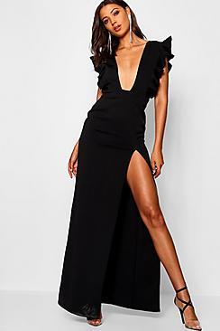 Boohoo Tall Ruffle Plunge Split Leg Maxi Dress