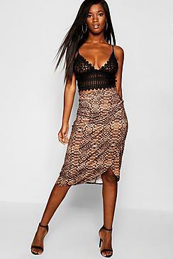 Boohoo Crocodile Wrap Tie Midi Skirt