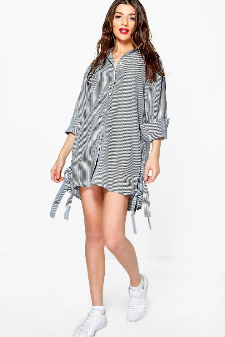 Boohoo Dariela Stripe Tie Side Shirt Dress Black