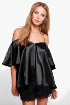 Boohoo Bella Frill Sleeve Strappy Satin Top Black