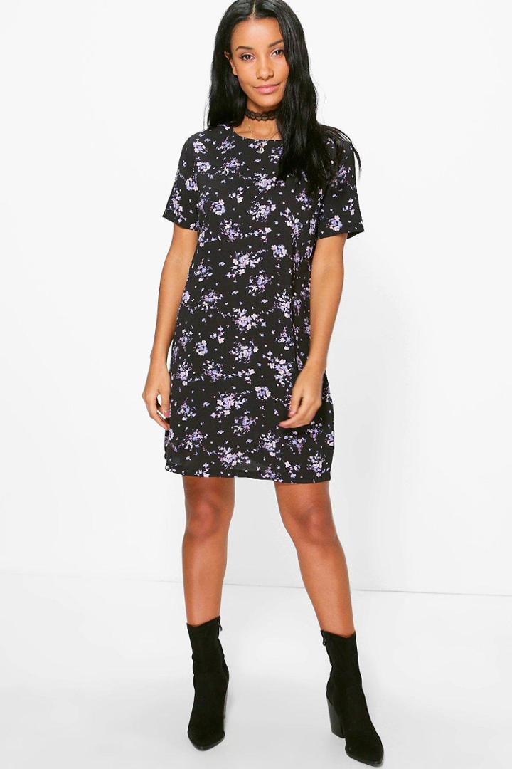 Boohoo Larissa Floral Printed Cap Sleeve Shift Dress Black