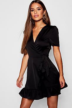 Boohoo Petite Satin Wrap Over Frill Mini Dress