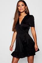 Boohoo Petite Satin Wrap Over Frill Mini Dress