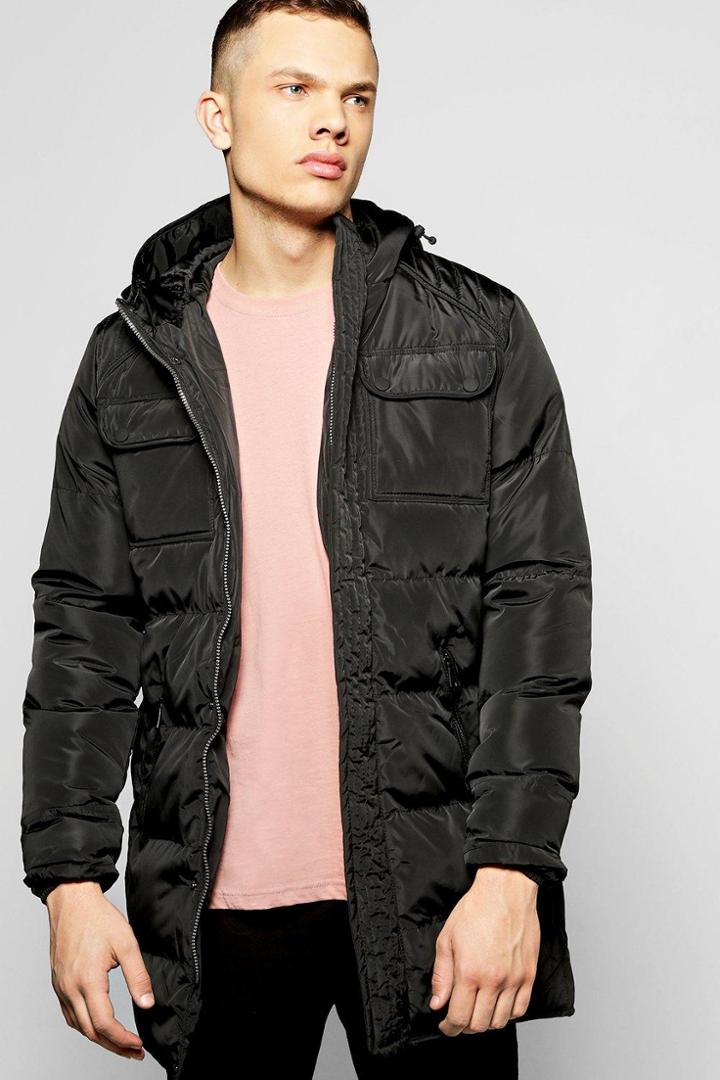 Boohoo Hooded Longline Padded Jacket Black