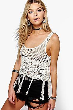 Boohoo Darcy Crochet Tassel Trim Crop Knit
