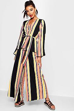 Boohoo Rezy Stripe Top And Straight Leg Trouser Co-ord