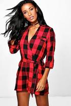 Boohoo Alex Checked Belted Roll Sleeve Playsuit