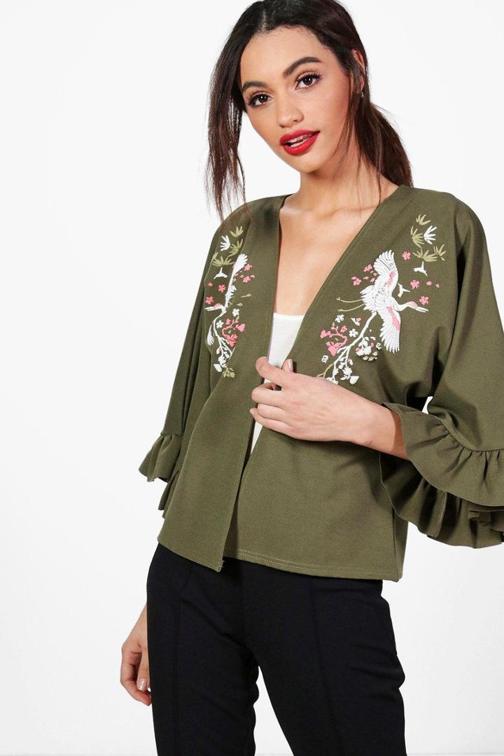 Boohoo Jessica Oriental Embroidered Ruffle Sleeve Jacket Khaki