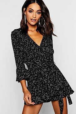 Boohoo Dalmation Spot Ruffle Hem Wrap Playsuit