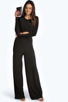 Boohoo Aaliyah Slinky Top Knot Palazzo Co Ord Set Black