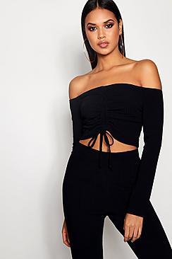 Boohoo Sophie Off Shoulder Rib Ruched Front Crop Top