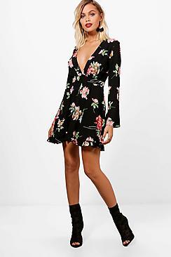 Boohoo Floral Wide Sleeve Frill Hem Dress