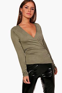 Boohoo Petite Luna Blouson Waist Wrap Top With Tie
