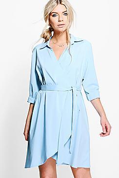 Boohoo Lauren Wrap Over Woven Belted Shirt Dress