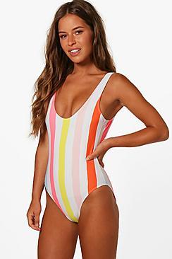 Boohoo Petite Bethany Stripe Scoop Swimsuit