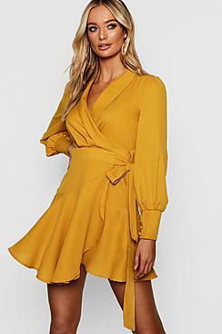 Boohoo Wrap Front Flared Skirt Shirt Dress
