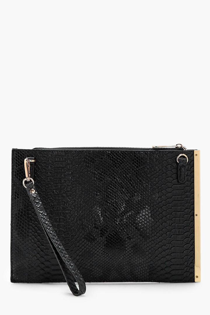 Boohoo Imogen Bar Detail Snake Clutch Black
