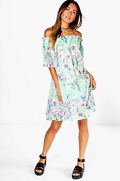 Boohoo Lucy Off The Shoulder Printed Dress