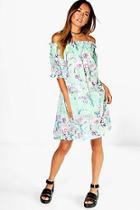 Boohoo Lucy Off The Shoulder Printed Dress