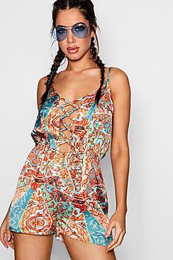 Boohoo Alice Scarf Print Lace Up Beach Playsuit