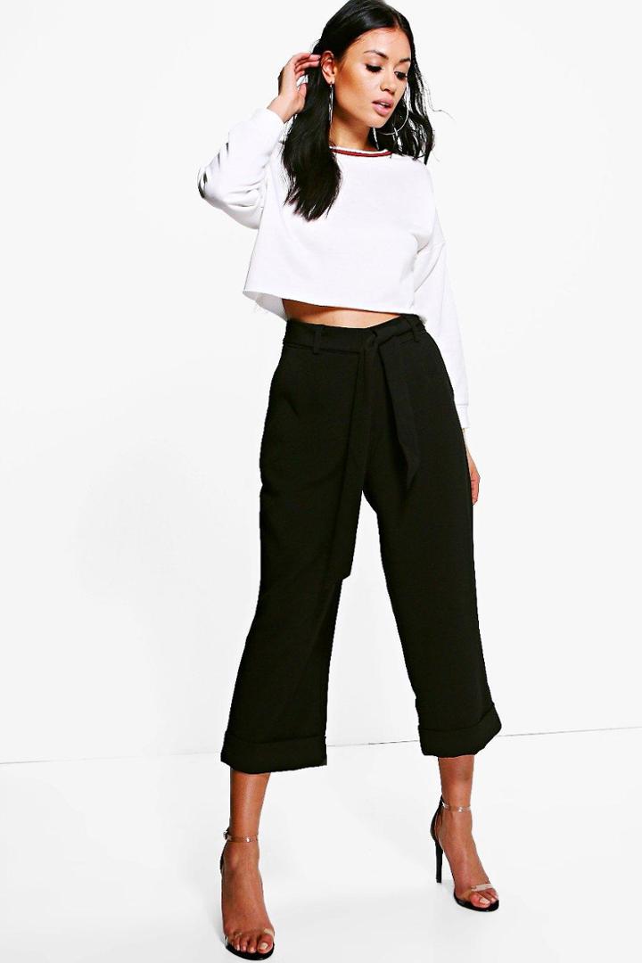 Boohoo Harper Tie Waist Turn Up Woven Tailored Trousers Black