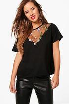 Boohoo Petite Jenny Mesh Embroidered Tee