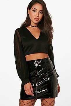 Boohoo Eva Mesh Balloon Sleeve Scuba Crop