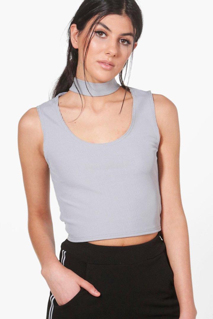 Boohoo Amber Choker Sleeveless Rib Crop Grey