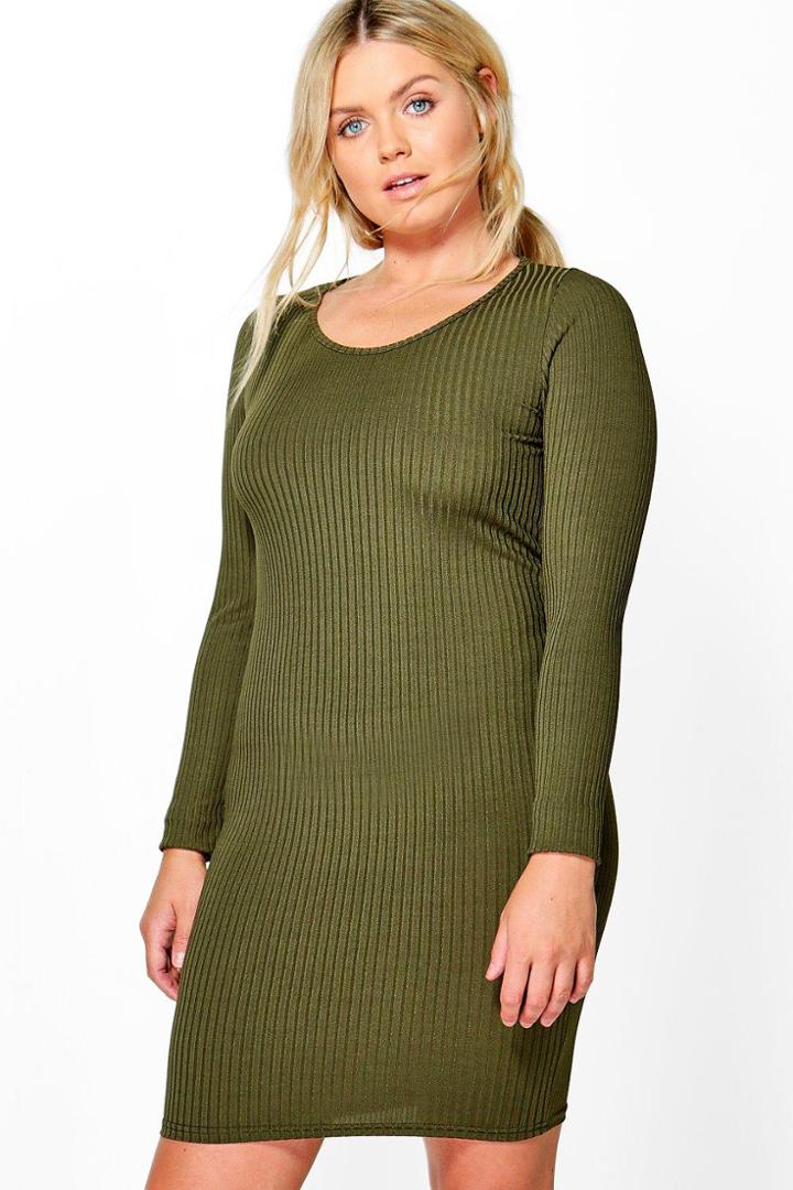 Boohoo Plus Molly Ribbed Long Sleeve Bodycon Dress Khaki
