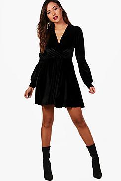 Boohoo Lo Ruched Sleeve Wrap Velvet Skater Dress