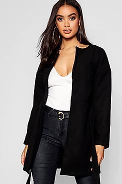 Boohoo Collarless Belted Wool Look Coat