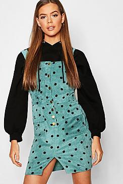 Boohoo Polka Dot Corduroy Overall Dress
