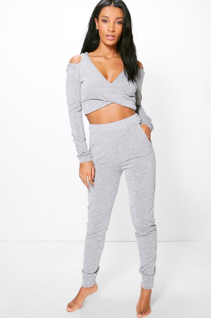 Boohoo Imogen Cut Out Wrap Crop Set Grey