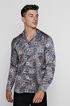 Boohoo Tile Print Long Sleeve Satin Shirt