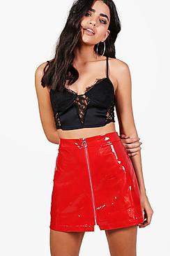 Boohoo Dolle Zip Front Vinyl A Line Skirt